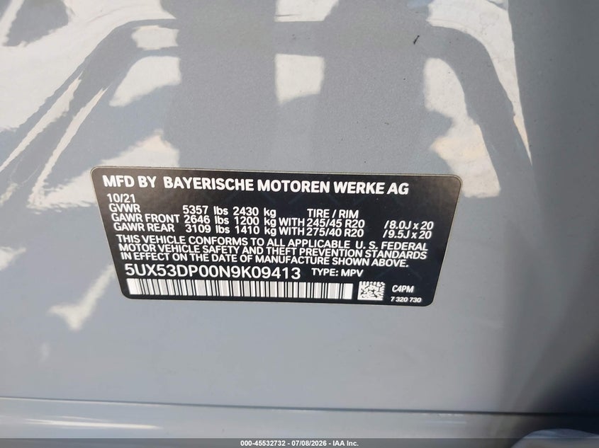 2022 BMW X3 VIN 5UX53DP00N9K09413 IAAI salvage auction — LEFT SIDE, Salvage (California), sold $26,250 on 2026-07-30 (photo 9)