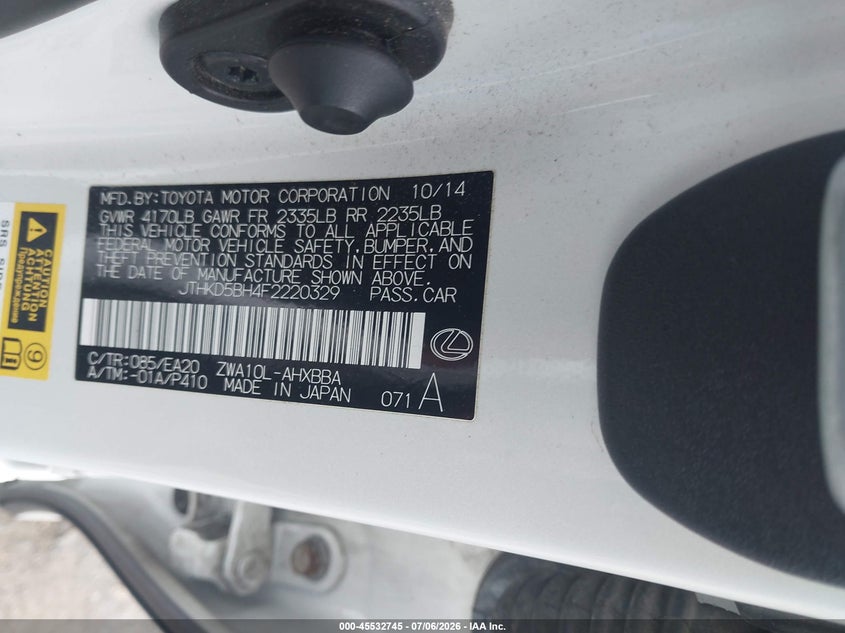 2015 Lexus Ct VIN JTHKD5BH4F2220329 IAAI salvage auction — REAR END, Clear (Michigan), sold $4,000 on 2026-07-18 (photo 9)