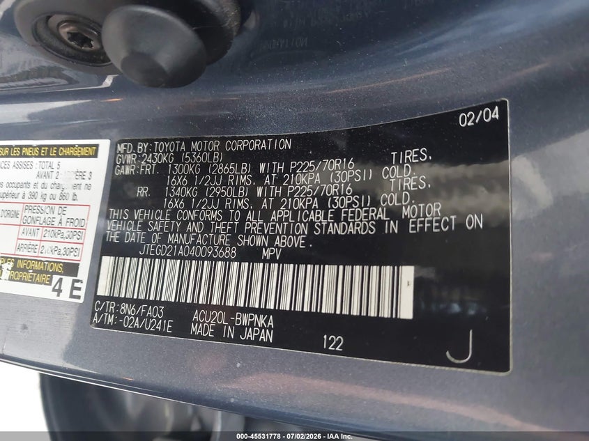 2004 Toyota Highlander VIN JTEGD21A040093688 IAAI salvage auction — FRONT END, Salvage (California), sold $625 on 2026-07-23 (photo 9)