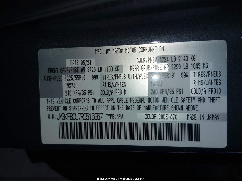 2024 Mazda Cx-5 VIN JM3KFBCL7R0516367 IAAI salvage auction — FRONT END, Salvage Title, sold $9,300 on 2026-10-08 (photo 9)