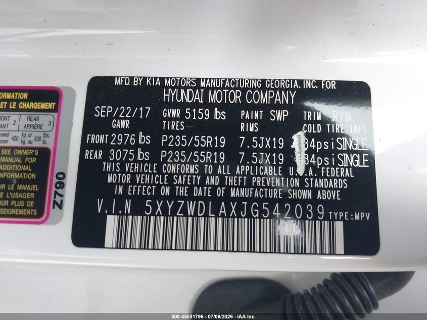 2018 Hyundai Santa fe VIN 5XYZWDLAXJG542039 IAAI salvage auction — NORMAL WEAR, Clear (Washington), sold $4,025 on 2026-07-29 (photo 9)