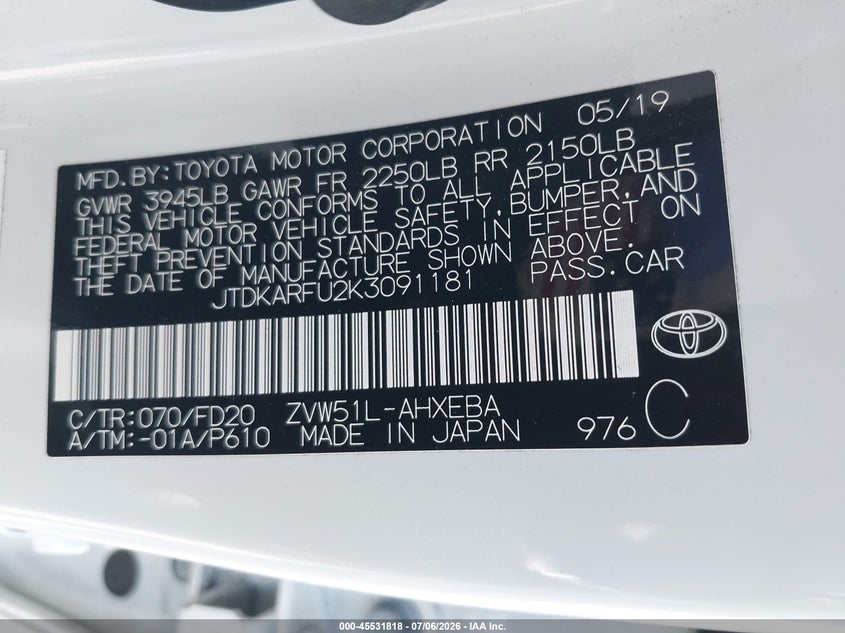 2019 Toyota Prius VIN JTDKARFU2K3091181 IAAI salvage auction — FRONT END, Salvage Certificate (California), sold $5,300 on 2026-07-22 (photo 9)