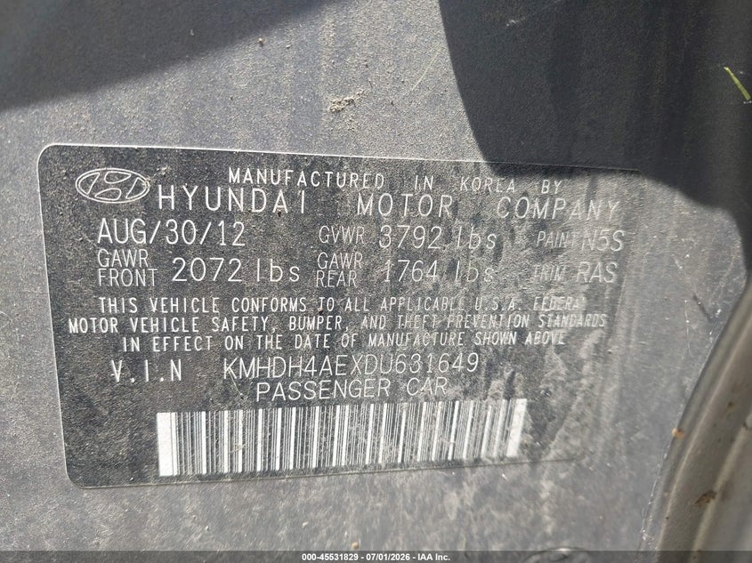 2013 Hyundai Elantra VIN KMHDH4AEXDU631649 IAAI salvage auction — NORMAL WEAR, Salvage Title, sold $525 on 2026-07-21 (photo 9)