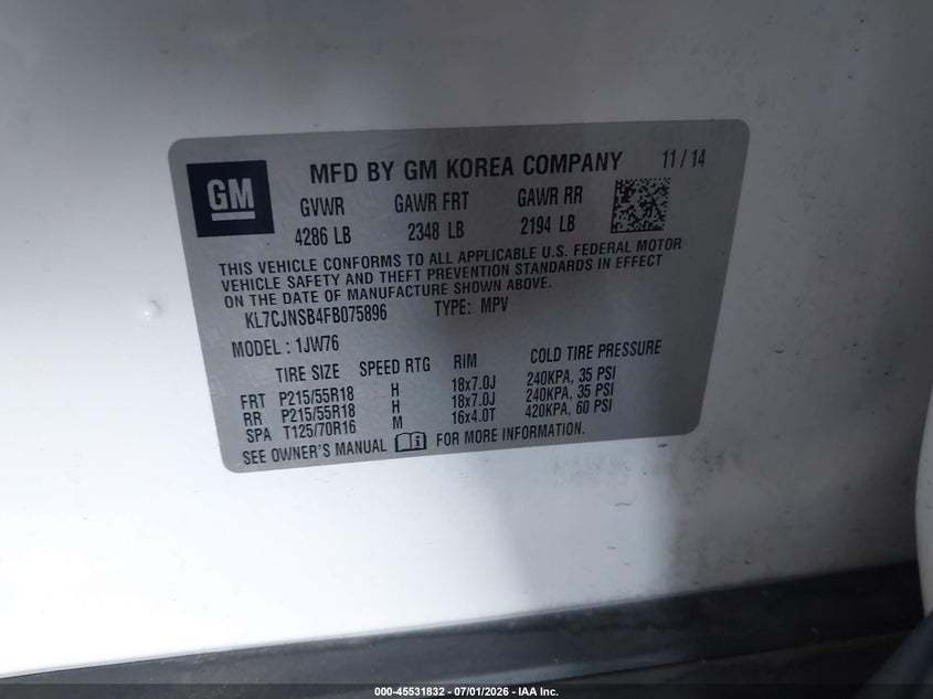 2015 Chevrolet Trax VIN KL7CJNSB4FB075896 IAAI salvage auction — FRONT END, Salvage Title, sold $25 on 2026-07-28 (photo 9)