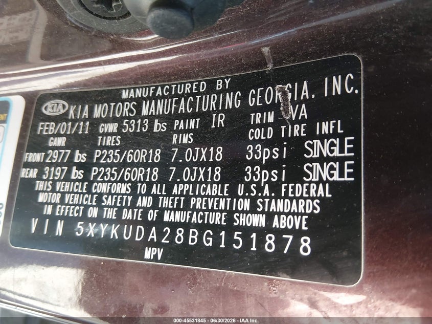 2011 Kia Sorento VIN 5XYKUDA28BG151878 IAAI salvage auction — NORMAL WEAR, Clear - Dealer Only (California), sold $825 on 2026-07-15 (photo 9)