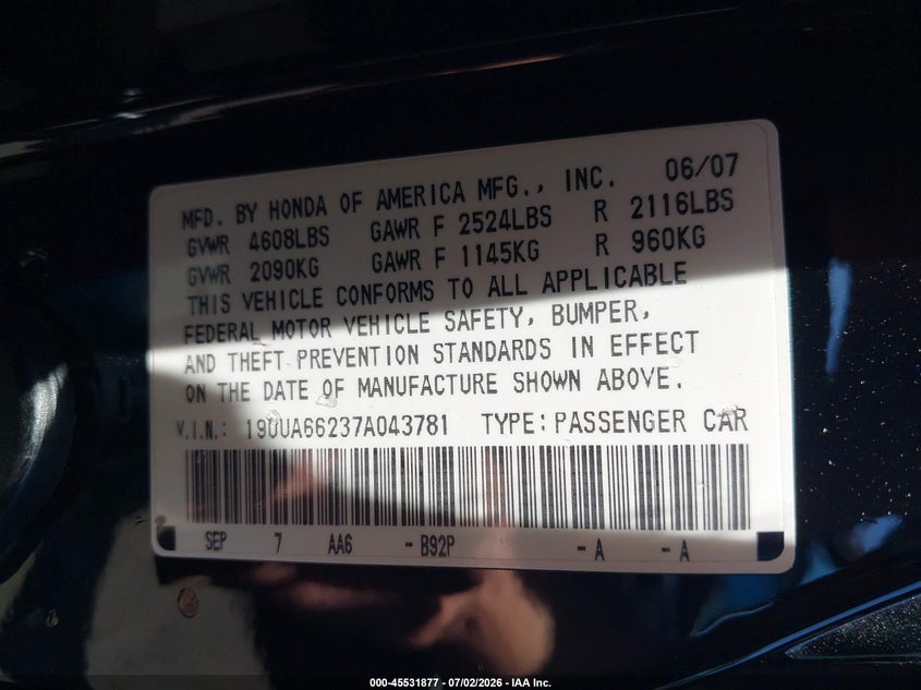 2007 Acura Tl VIN 19UUA66237A043781 IAAI salvage auction — LEFT FRONT, Salvage Certificate (California), sold $600 on 2026-07-12 (photo 9)