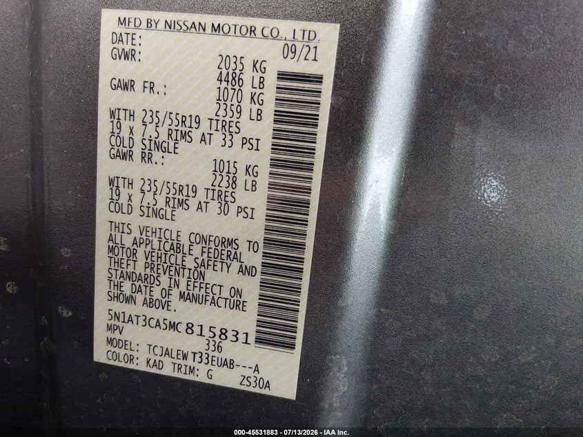 2021 Nissan Rogue VIN 5N1AT3CA5MC815831 IAAI salvage auction — HAIL, Salvage (Kansas), sold $9,800 on 2026-10-02 (photo 9)