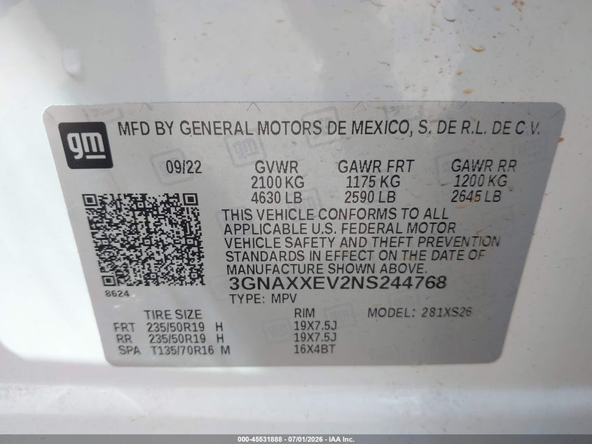 2022 Chevrolet Equinox VIN 3GNAXXEV2NS244768 IAAI salvage auction — FRONT END, Rebuildable (Florida), sold $8,200 on 2026-07-30 (photo 9)