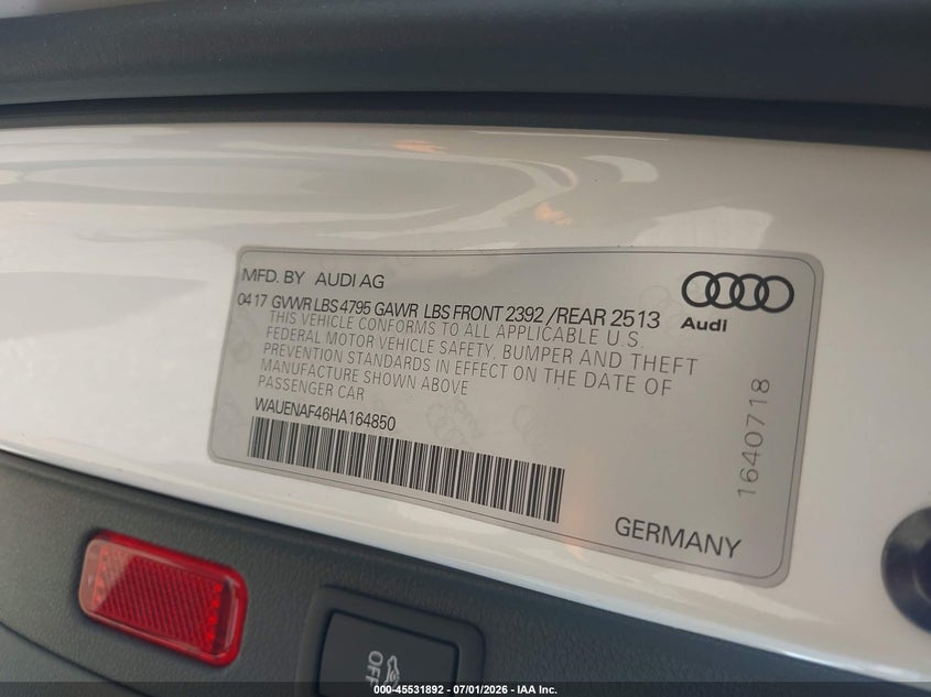 2017 Audi A4 VIN WAUENAF46HA164850 IAAI salvage auction — FRONT END, Wait Title, sold $3,750 on 2026-08-23 (photo 9)