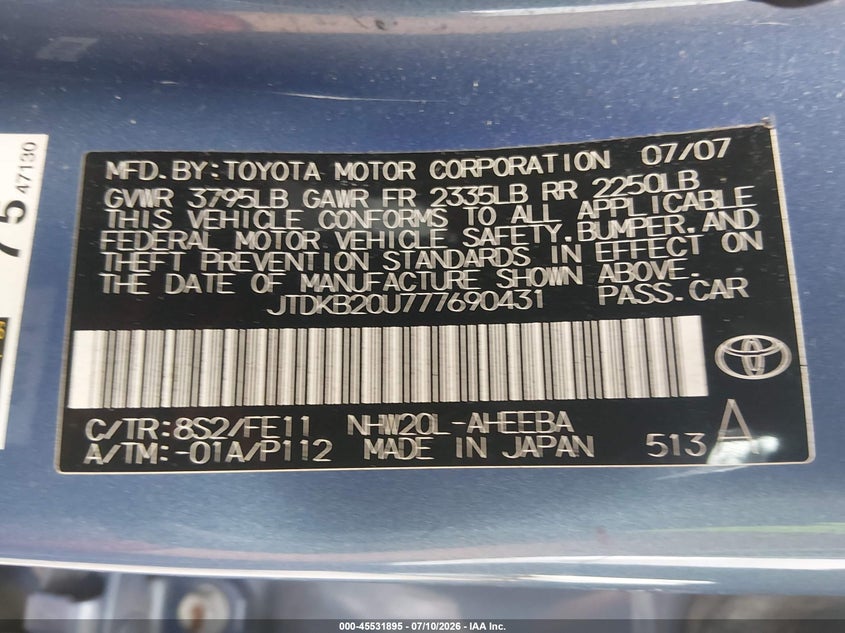 2007 Toyota Prius VIN JTDKB20U777690431 IAAI salvage auction — NORMAL WEAR, Original (Kentucky), sold $125 on 2026-07-29 (photo 9)