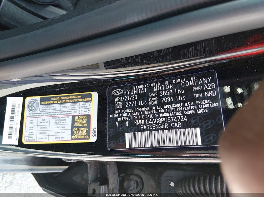 2023 Hyundai Elantra VIN KMHLL4AG8PU574724 IAAI salvage auction — NORMAL WEAR, SF97 (Maryland), sold $3,050 on 2026-07-21 (photo 9)