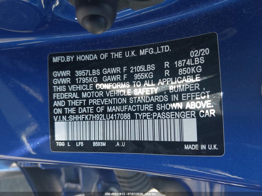 2020 Honda Civic VIN SHHFK7H92LU417088 IAAI salvage auction — FRONT & REAR, Salvage Certificate (California), sold $7,800 on 2026-07-12 (photo 9)