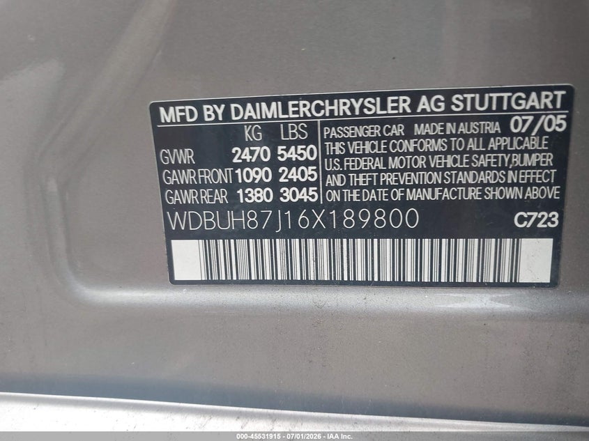 2006 Mercedes-benz E-class VIN WDBUH87J16X189800 IAAI salvage auction — REAR END, Clear (Massachusetts), sold $775 on 2026-07-17 (photo 9)