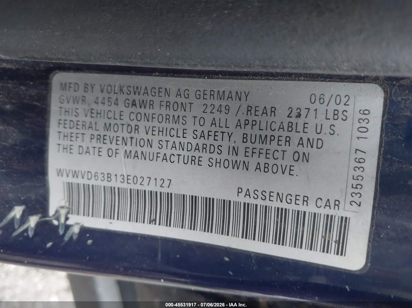 2003 Volkswagen Passat VIN WVWVD63B13E027127 IAAI salvage auction — REAR END, Mv-907A (New York), sold $25 on 2026-07-28 (photo 9)
