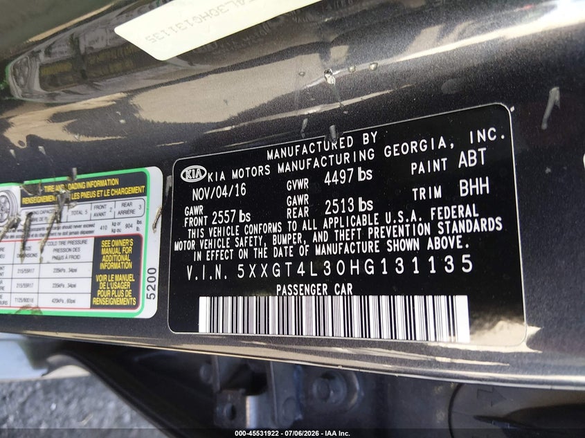 2017 Kia Optima VIN 5XXGT4L30HG131135 IAAI salvage auction — LEFT FRONT, Salvage Certificate (California), sold $1,550 on 2026-07-08 (photo 9)