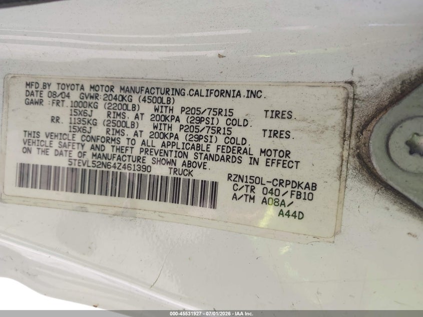 2004 Toyota Tacoma VIN 5TEVL52N64Z461390 IAAI salvage auction — FRONT END, Salvage (California), sold $2,550 on 2026-07-20 (photo 9)