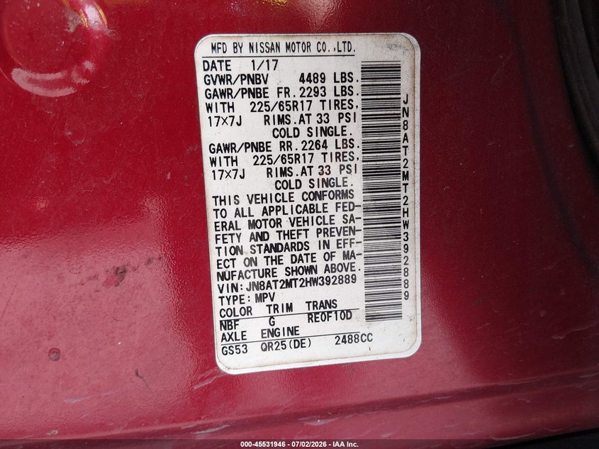 2017 Nissan Rogue VIN JN8AT2MT2HW392889 IAAI salvage auction — LEFT FRONT, Salvage Title, sold $1,200 on 2026-07-19 (photo 9)
