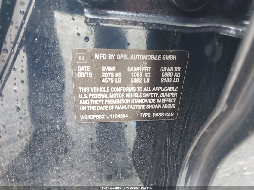 2018 Buick Regal VIN W04GP6SX1J1164354 IAAI salvage auction — FRONT END, Salvage (Pennsylvania), sold $2,250 on 2026-07-19 (photo 9)