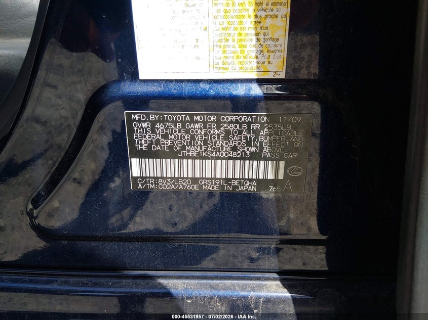 2010 Lexus Gs VIN JTHBE1KS4A0048213 IAAI salvage auction — FRONT & REAR, Salvage (Pennsylvania), sold $275 on 2026-07-19 (photo 9)