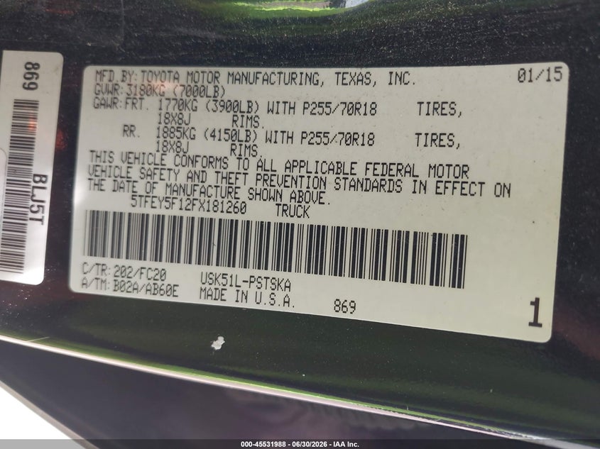 2015 Toyota Tundra VIN 5TFEY5F12FX181260 IAAI salvage auction — NORMAL WEAR, Original (Texas), sold $25 on 2026-07-21 (photo 8)