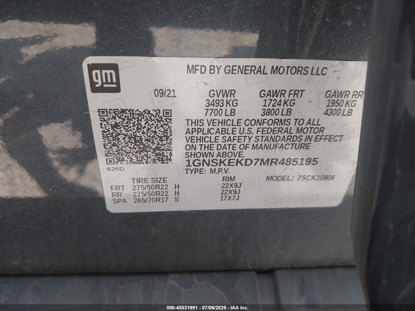 2021 Chevrolet Suburban VIN 1GNSKEKD7MR485195 IAAI salvage auction — FRONT END, Salvage (Ohio), sold $14,600 on 2026-07-28 (photo 9)