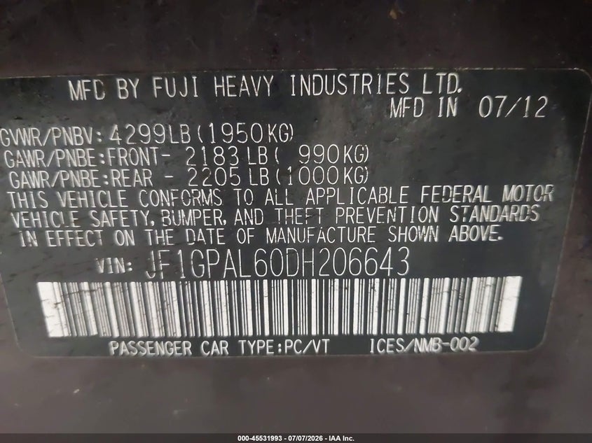 2013 Subaru Impreza VIN JF1GPAL60DH206643 IAAI salvage auction — NORMAL WEAR, Clear (New York), sold $225 on 2026-07-15 (photo 9)