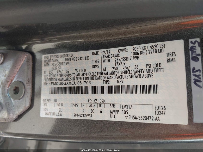 2014 Ford Escape VIN 1FMCU0GXXEUC61703 IAAI salvage auction — NORMAL WEAR, Clear - Dealer Only (California), sold $300 on 2026-07-09 (photo 9)