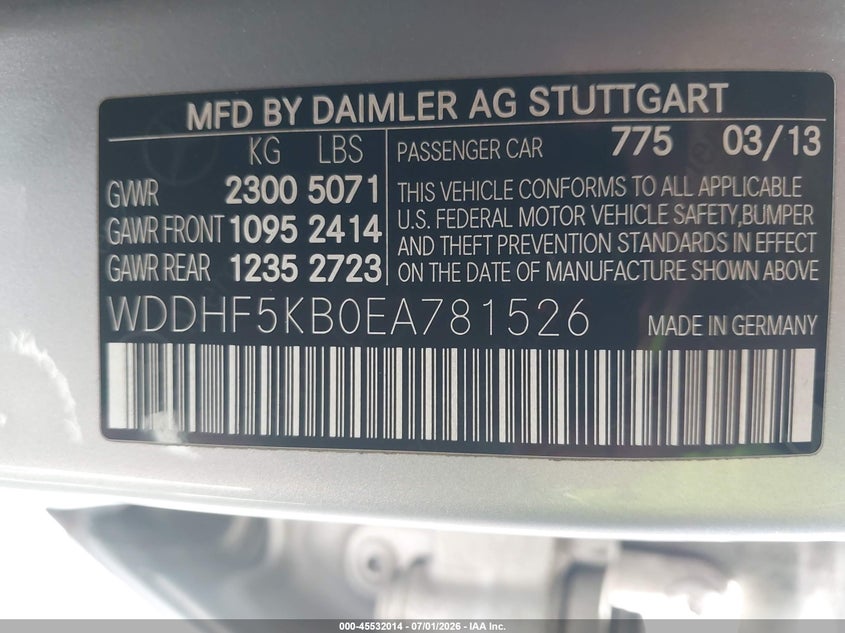 2014 Mercedes-benz VIN WDDHF5KB0EA781526 IAAI salvage auction — FRONT END, Salvage (California), sold $1,500 on 2026-08-06 (photo 9)