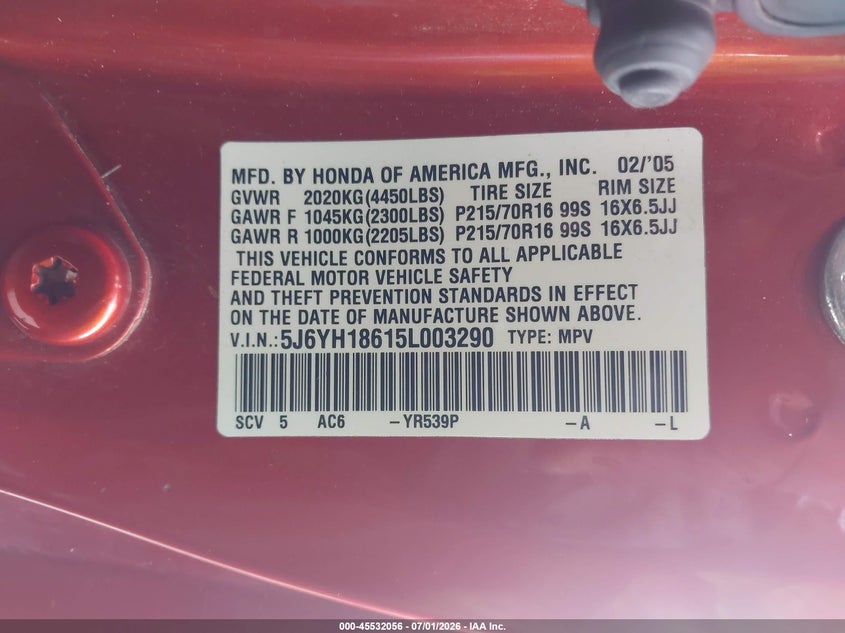 2005 Honda Element VIN 5J6YH18615L003290 IAAI salvage auction — FRONT END, Salvage (California), sold $550 on 2026-07-29 (photo 9)