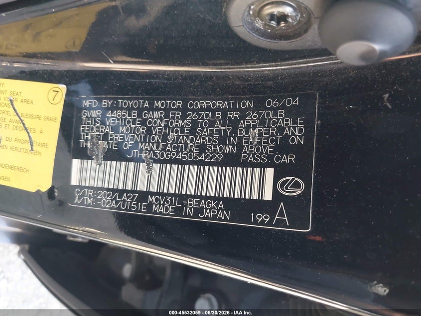 2004 Lexus Es 330 VIN JTHBA30G945054229 IAAI salvage auction — NORMAL WEAR, Clear (New York), sold $500 on 2026-07-13 (photo 9)