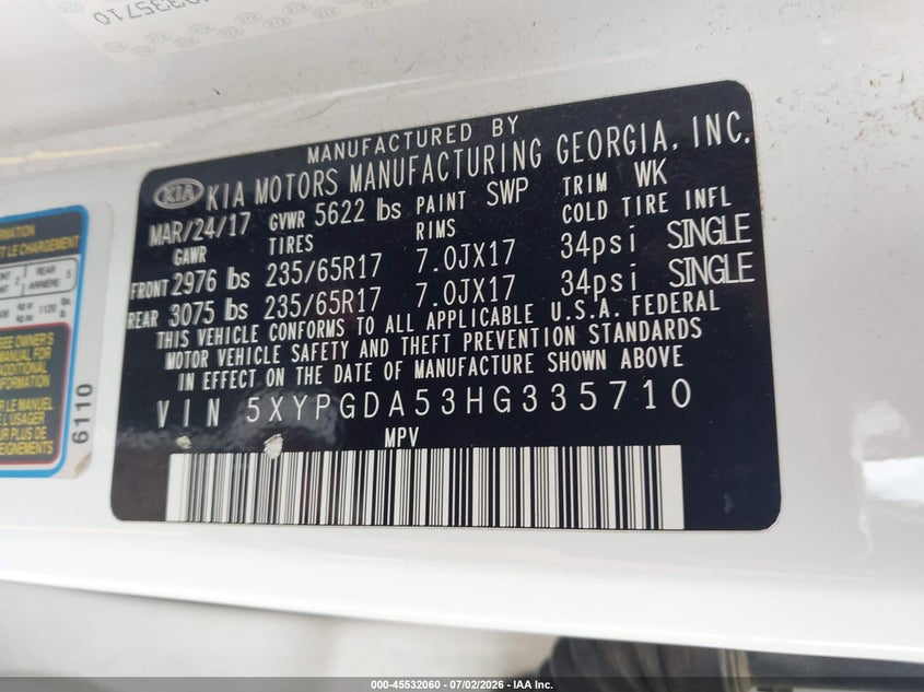 2017 Kia Sorento VIN 5XYPGDA53HG335710 IAAI salvage auction — RIGHT REAR, Junk Bill Of Sale Mv2459 (Wisconsin), sold $500 on 2026-07-23 (photo 9)