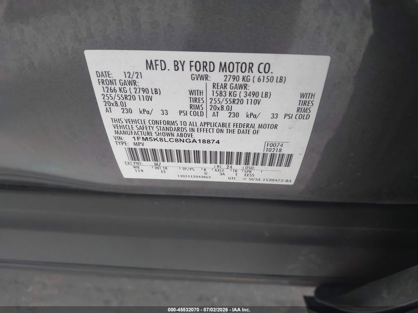 2022 Ford Explorer VIN 1FM5K8LC8NGA18874 IAAI salvage auction — RIGHT FRONT, Salvage Title, sold $8,200 on 2026-08-20 (photo 9)