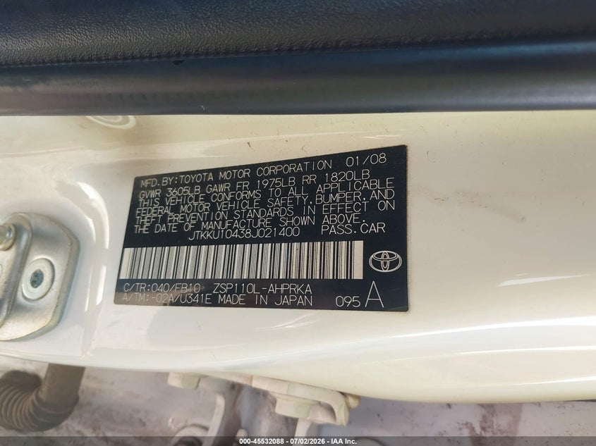 2008 Scion Xd VIN JTKKU10438J021400 IAAI salvage auction — NORMAL WEAR, Clear (Arizona), sold $800 on 2026-07-09 (photo 9)