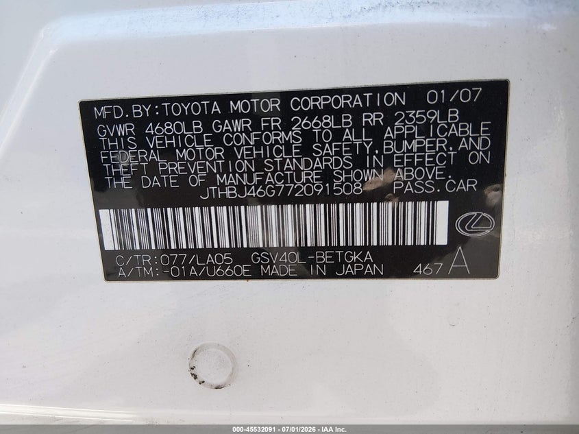 2007 Lexus Es 350 VIN JTHBJ46G772091508 IAAI salvage auction — NORMAL WEAR, Clear (Nevada), sold $1,375 on 2026-07-24 (photo 9)