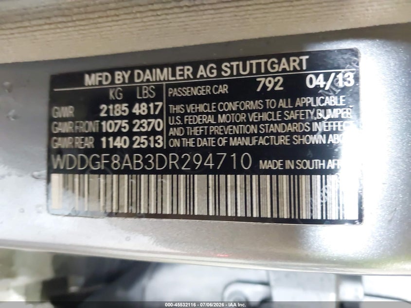 2013 Mercedes-benz C-klasse VIN WDDGF8AB3DR294710 IAAI salvage auction — RIGHT SIDE, Mv-907A (New York), sold $700 on 2026-07-15 (photo 9)