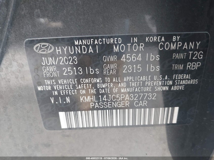 2023 Hyundai Sonata VIN KMHL14JC5PA327732 IAAI salvage auction — FRONT & REAR, Bill Of Sale Destruction Only - Salvage (Ohio), sold $475 on 2026-07-28 (photo 9)