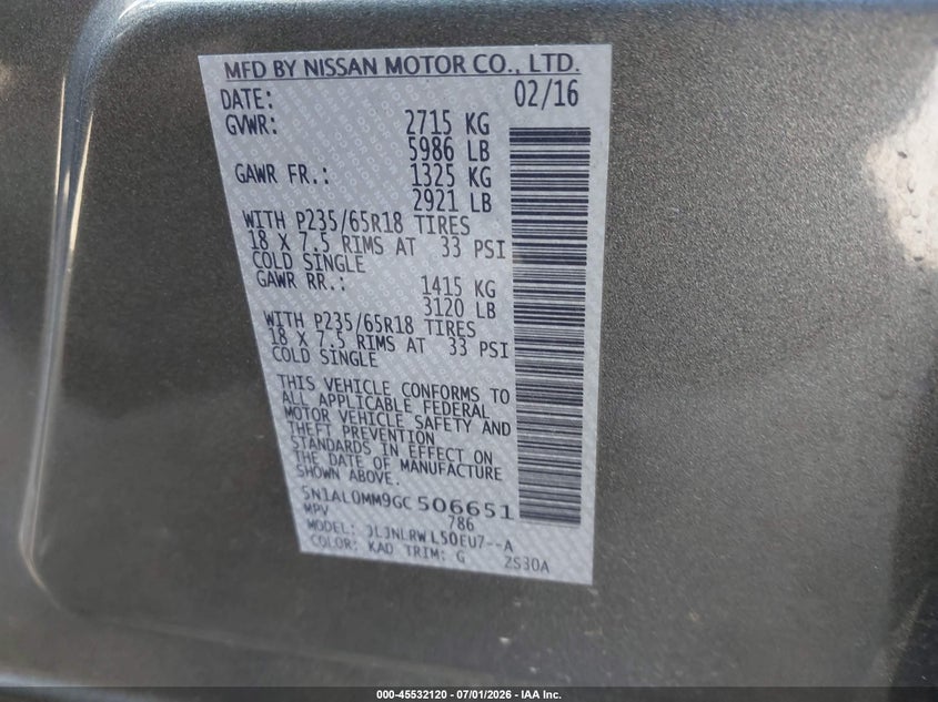 2016 Infiniti Qx60 VIN 5N1AL0MM9GC506651 IAAI salvage auction — LEFT FRONT, Bill Of Sale (Washington), sold $1,100 on 2026-07-11 (photo 9)