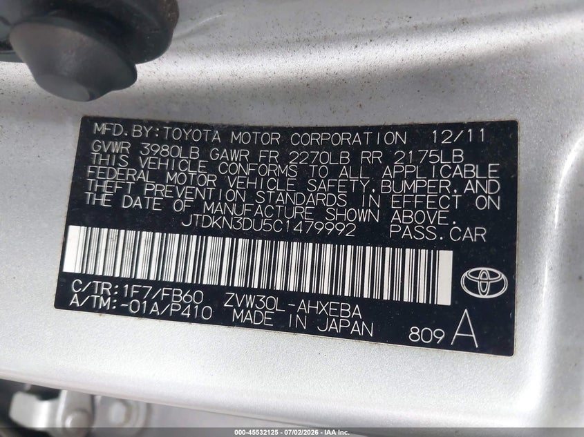 2012 Toyota Prius VIN JTDKN3DU5C1479992 IAAI salvage auction — NORMAL WEAR, Clear (Florida), sold $2,100 on 2026-07-28 (photo 9)
