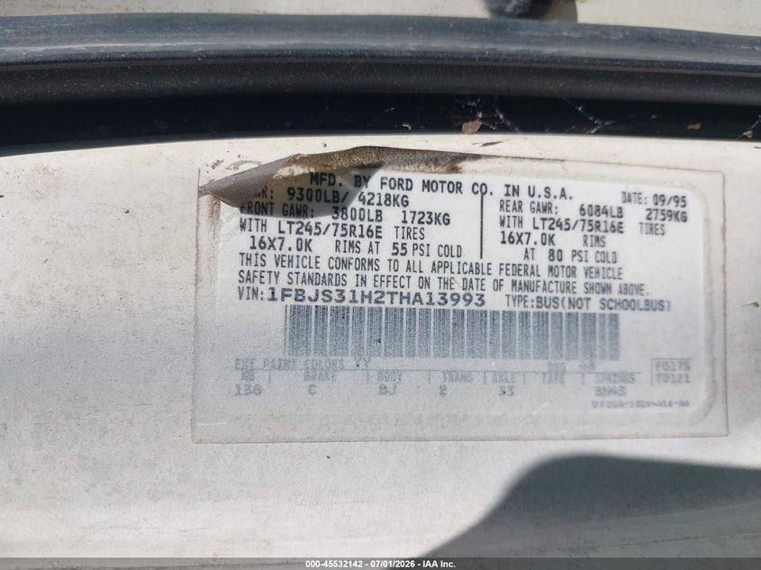 1996 Ford Econoline e350 VIN 1FBJS31H2THA13993 IAAI salvage auction — MECHANICAL, Clear (Virginia), sold $375 on 2026-07-09 (photo 9)