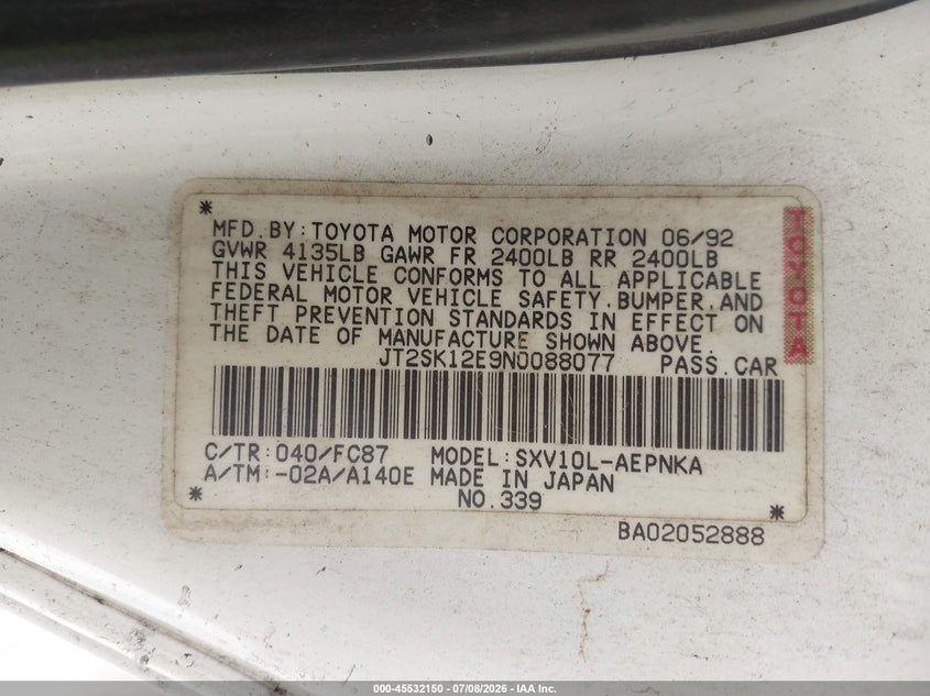 1992 Toyota Camry VIN JT2SK12E9N0088077 IAAI salvage auction — NORMAL WEAR, Affidavit In Lieu Of Title - Non-Public (Washington), sold $250 on 2026-07-15 (photo 9)