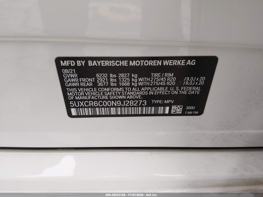 2022 BMW X5 VIN 5UXCR6C00N9J28273 IAAI salvage auction — VANDALISM, Salvage Title, sold $15,700 on 2026-07-21 (photo 9)