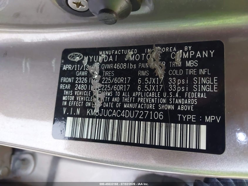 2013 Hyundai Tucson VIN KM8JUCAC4DU727106 IAAI salvage auction — NORMAL WEAR, Clear (New York), sold $1,800 on 2026-07-22 (photo 9)