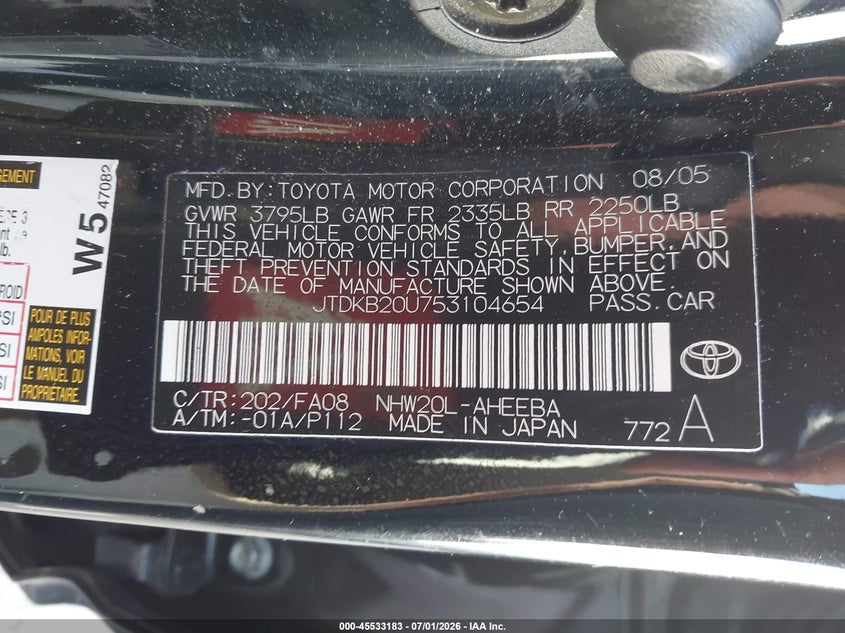 2005 Toyota Prius VIN JTDKB20U753104654 IAAI salvage auction — REAR END, Salvage (California), sold $700 on 2026-07-23 (photo 9)
