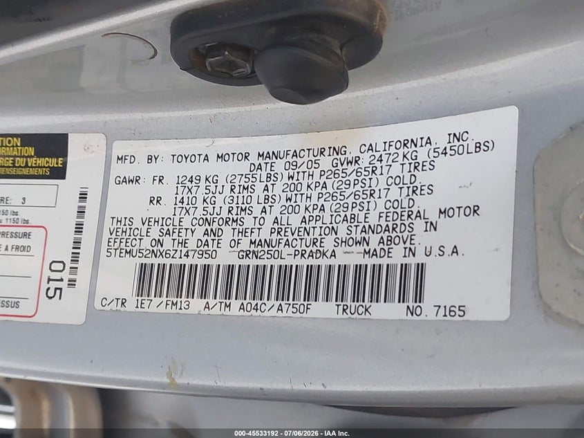 2006 Toyota Tacoma VIN 5TEMU52NX6Z147950 IAAI salvage auction — LEFT & RIGHT, Bill Of Sale (Washington), sold $3,700 on 2026-07-29 (photo 9)