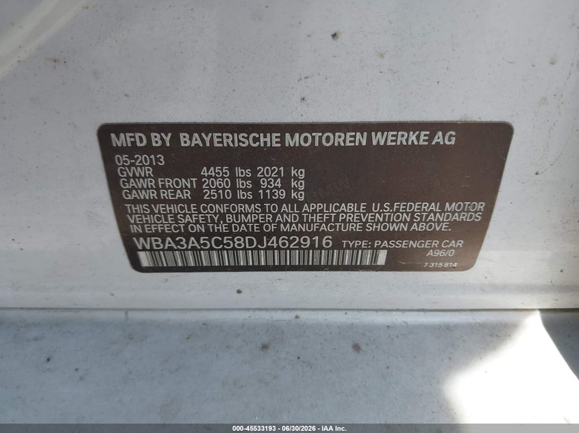 2013 BMW 3er VIN WBA3A5C58DJ462916 IAAI salvage auction — NORMAL WEAR, Clear (Virginia), sold $300 on 2026-07-17 (photo 9)