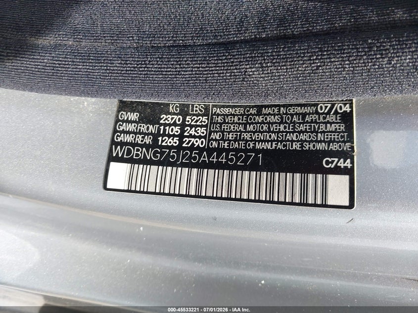 2005 Mercedes-benz S class VIN WDBNG75J25A445271 IAAI salvage auction — REAR END, Salvage (California), sold $275 on 2026-07-30 (photo 9)