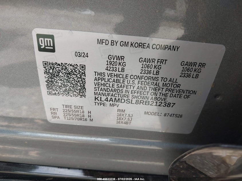 2024 Buick Encore gx VIN KL4AMDSL8RB212387 IAAI salvage auction — RIGHT FRONT, Salvage Title, sold $775 on 2026-10-03 (photo 9)