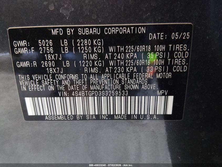 2025 Subaru Outback VIN 4S4BTGPD3S3259533 IAAI salvage auction — RIGHT FRONT, Salvage Title, sold $12,800 on 2026-07-31 (photo 9)