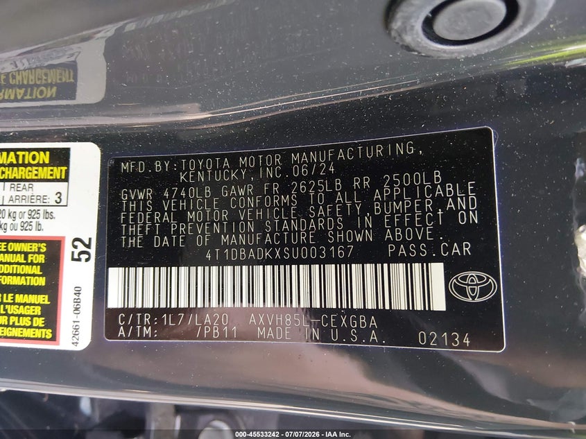 2025 Toyota Camry VIN 4T1DBADKXSU003167 IAAI salvage auction — FRONT END, Salvage (Virginia), sold $16,900 on 2026-08-01 (photo 9)