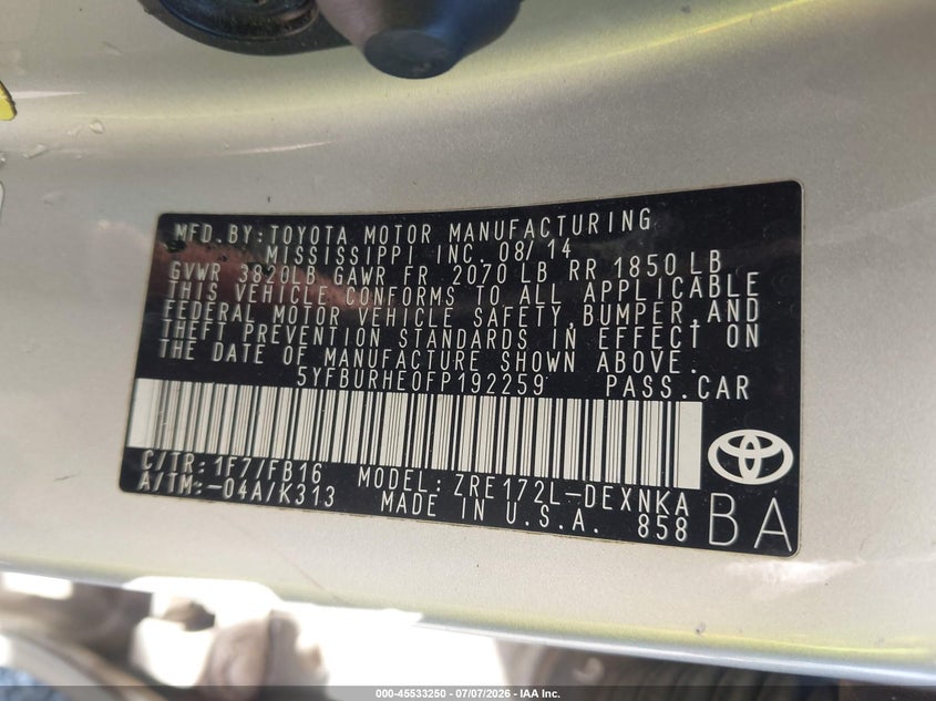 2015 Toyota Corolla VIN 5YFBURHE0FP192259 IAAI salvage auction — ROLLOVER, Salvage (Louisiana), sold $775 on 2026-08-02 (photo 9)